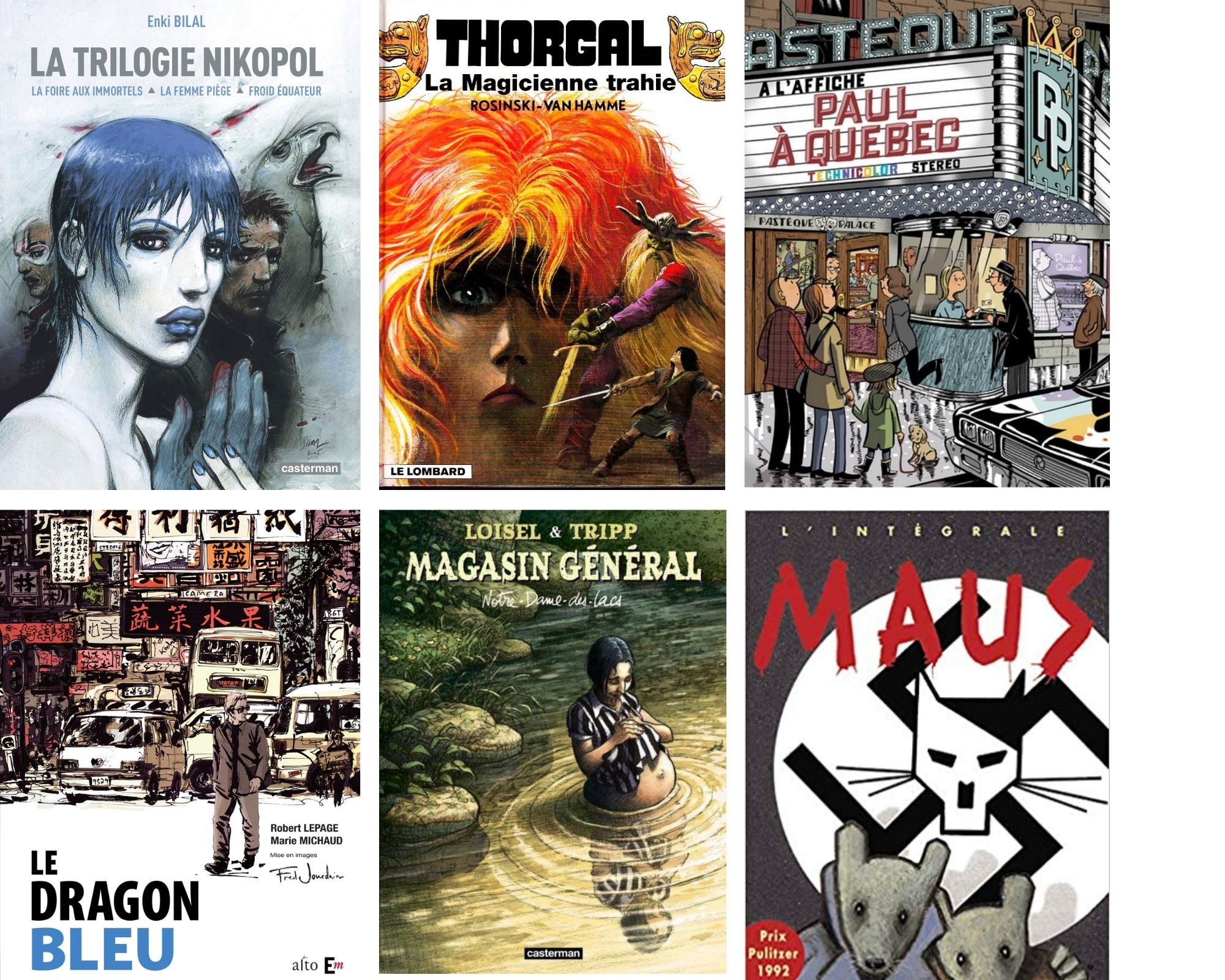 Six couvertures de bandes dessinées dont la trilogie de nikopol, Thorgal: la magicienne trahie, Paul à Québec, le dragon bleu, Magasin général: Notre-Dame-des-Lacs et l'intégral de Maus.