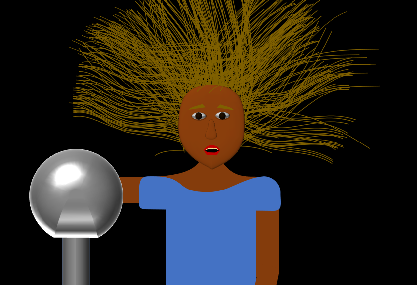 En touchant au Van de Graff, les charges s'accumulent jusque dans les cheveux qui, portant une charge de même signe, se repoussent.